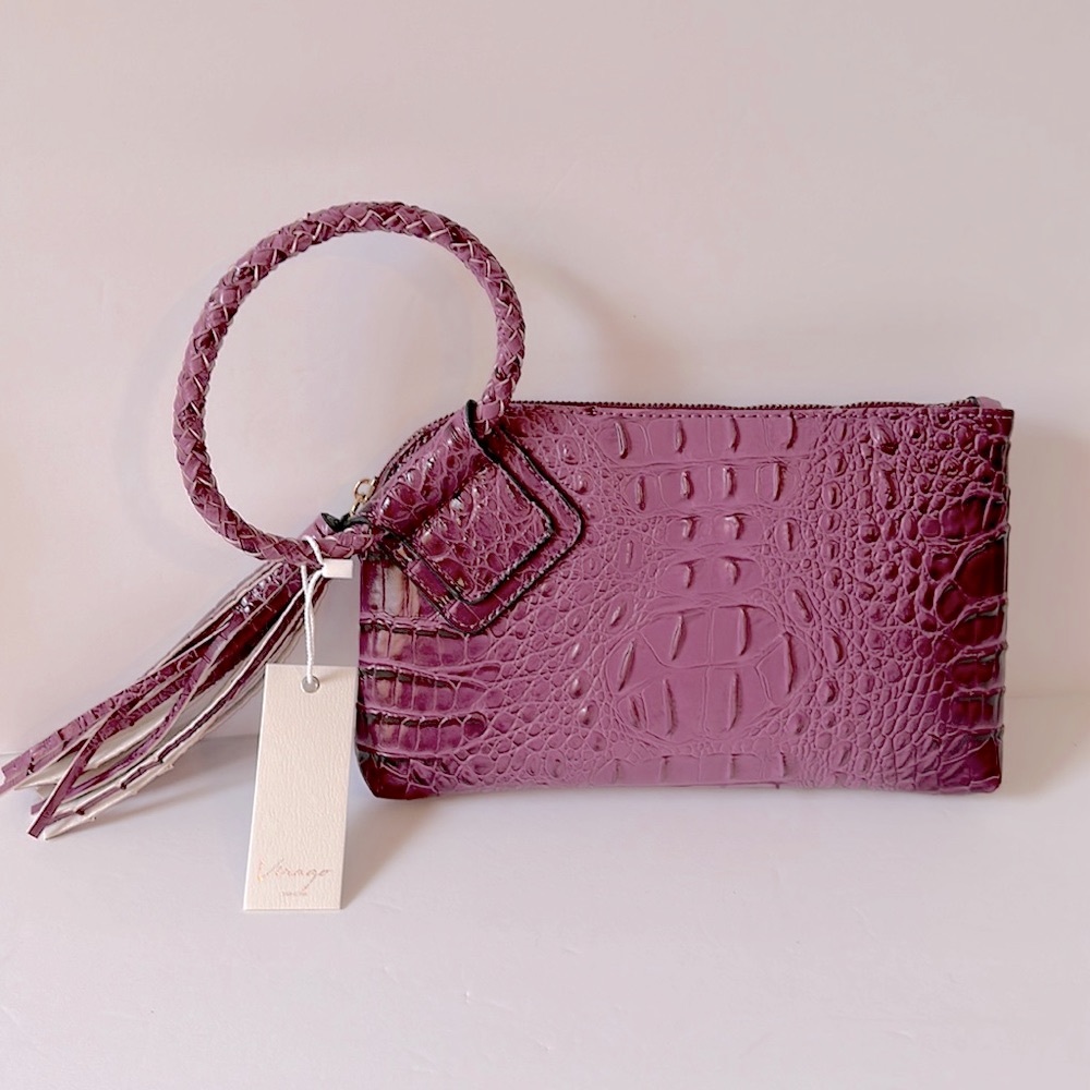 NWT Virago Collection Women Wristlet Clutch Vegan Leather Faux Crocodile Purple